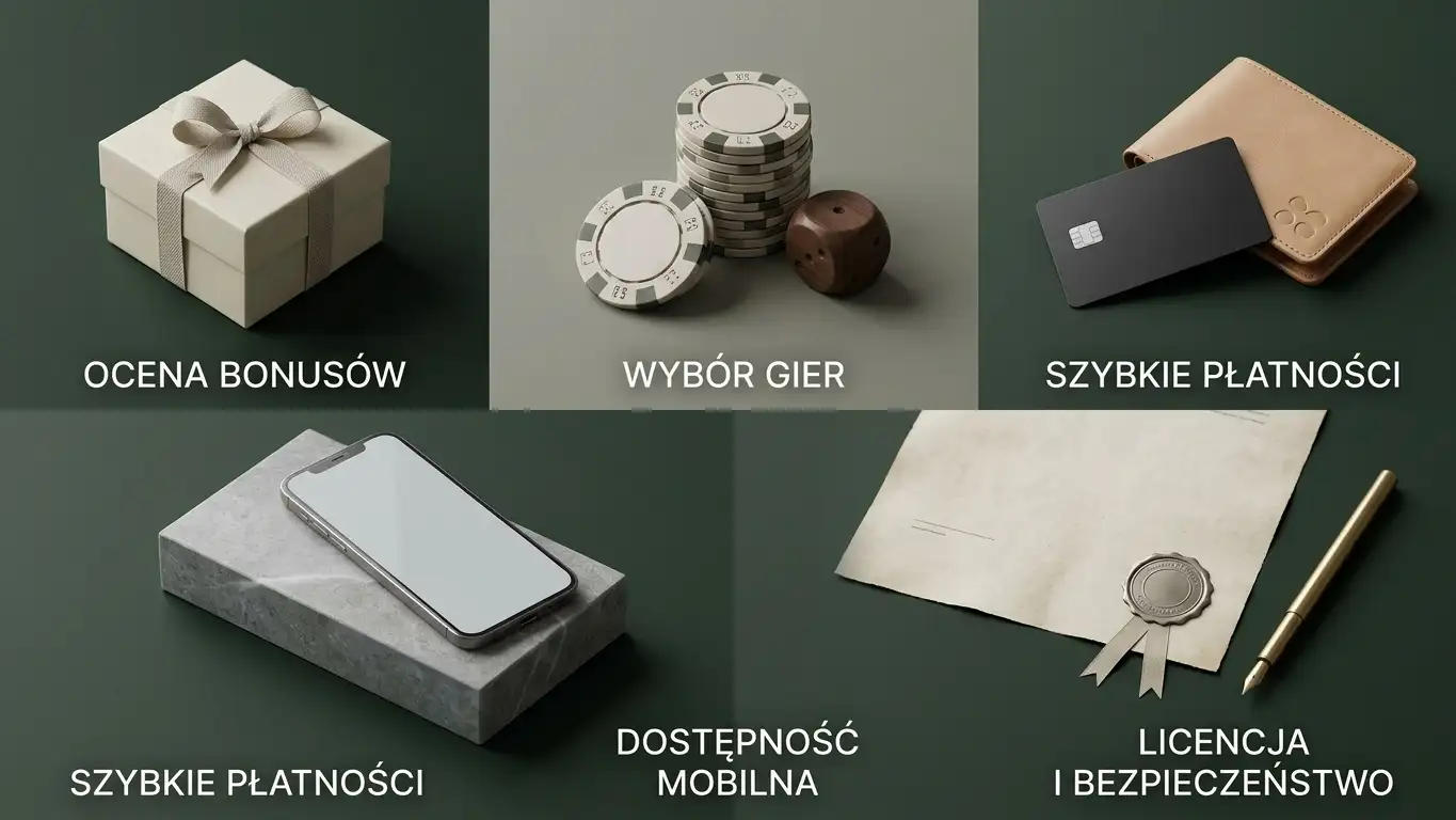 Redakcyjna ilustracja obszarów oceny kasyna: bonus, gry, płatności, mobile i licencja