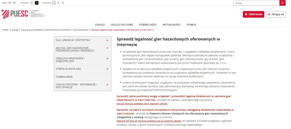 Oficjalna strona PUESC o legalności gier hazardowych oferowanych w Internecie