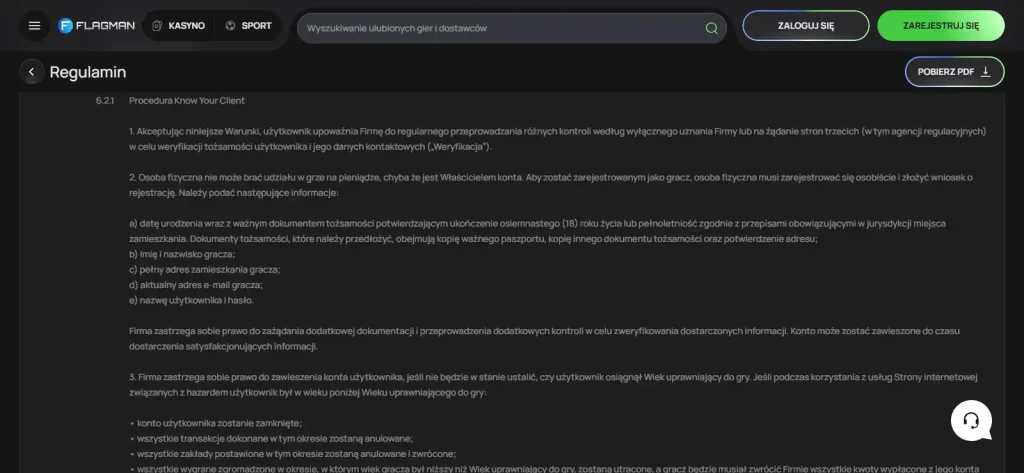 Sekcja oficjalnych warunków FLAGMAN opisująca procedurę KYC